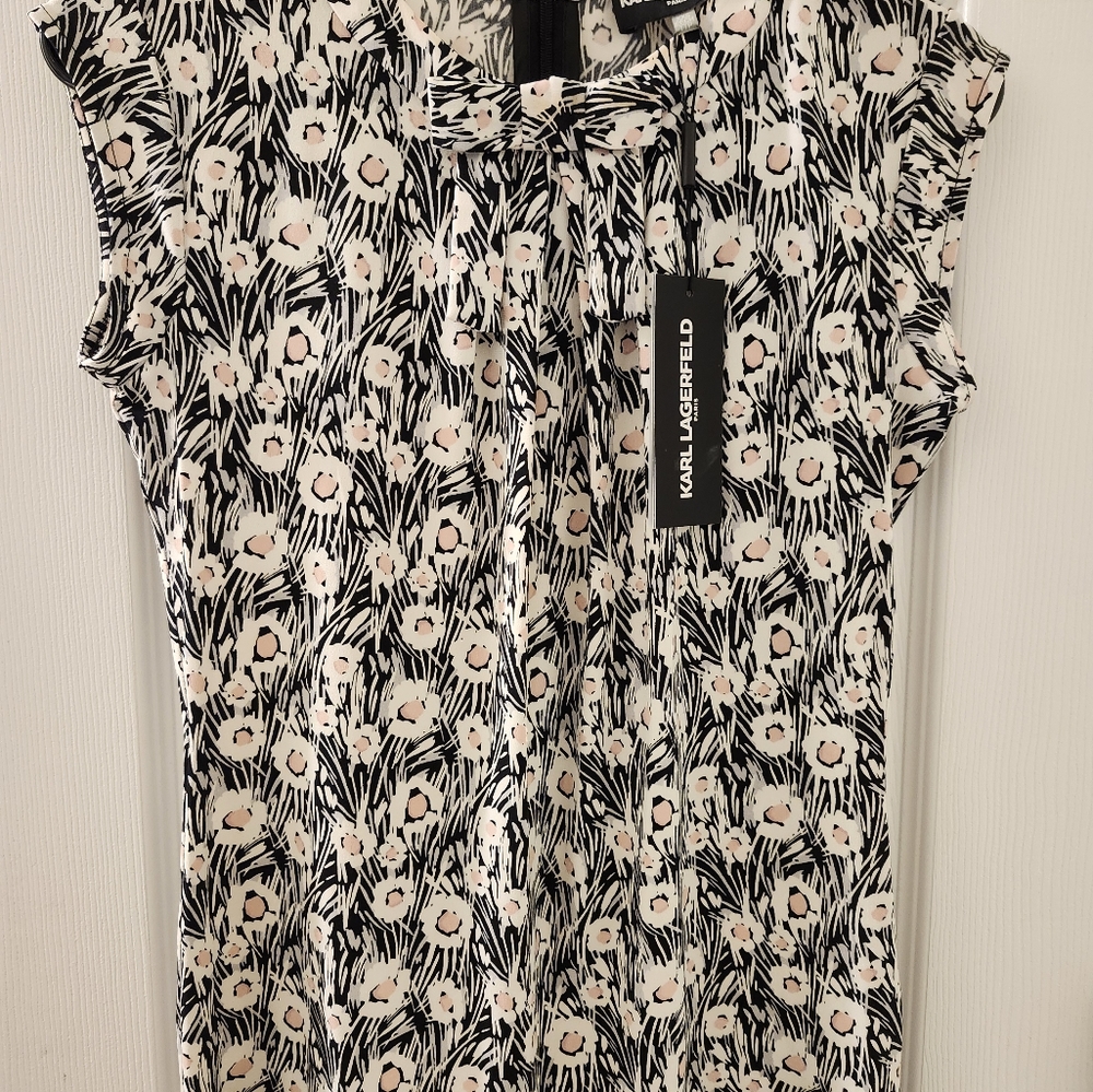 Karl Lagerfeld Paris Sleeveless Blouse NWT-Black, White and Pink Floral Design